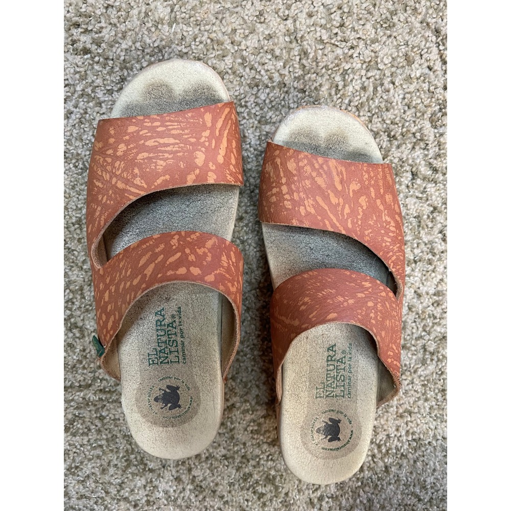 El Naturalista Leather Wooden Platform Slide Sandals Brown Clog Womens 7.5